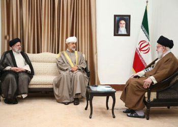 Iranian Supreme Leader Ayatollah Ali Khamenei, right, meets with Oman's Sultan Haitham bin Tariq Al Said, center, as Iranian President Ebrahim Raisi sits at left, in Tehran, Iran, May 29, 2023. Credit: Office of the Iranian Supreme Leader via AP