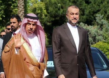 Iranian Foreign Minister Hossein Amir-Abdollahian, right, meets Saudi Arabia’s Foreign Minister Prince Faisal bin Farhan Al Saud in Tehran. Credit: WANA (West Asia News Agency) via Reuters