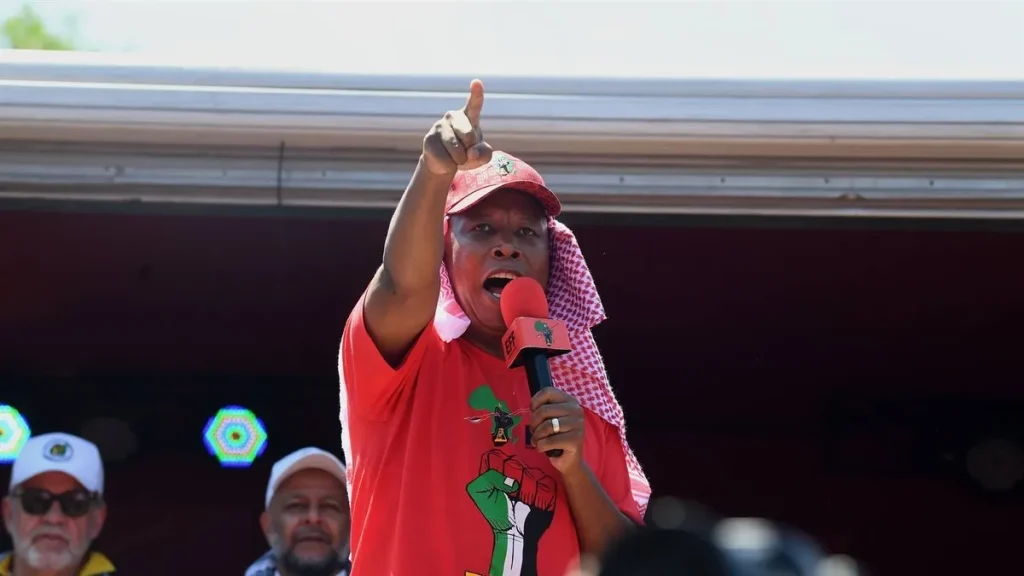 South Africa’s leader of the opposition EFF, Julius Malema speaking to supporters. His party seeks to move a motion to shut down Israeli Embassy. Credit: BNN Network
