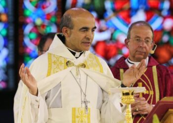 Bishop A. Elias Zaidan, Eparch of the Maronite Eparchy of Our Lady of Lebanon of Los Angeles, who was seen celebrating Mass with Baltimore Archbishop William E. Lori in a 2017 photo, currently serves as chairman of the U.S. Conference of Catholic Bishops’ Committee on International Justice and Peace. Credit: OSVNews