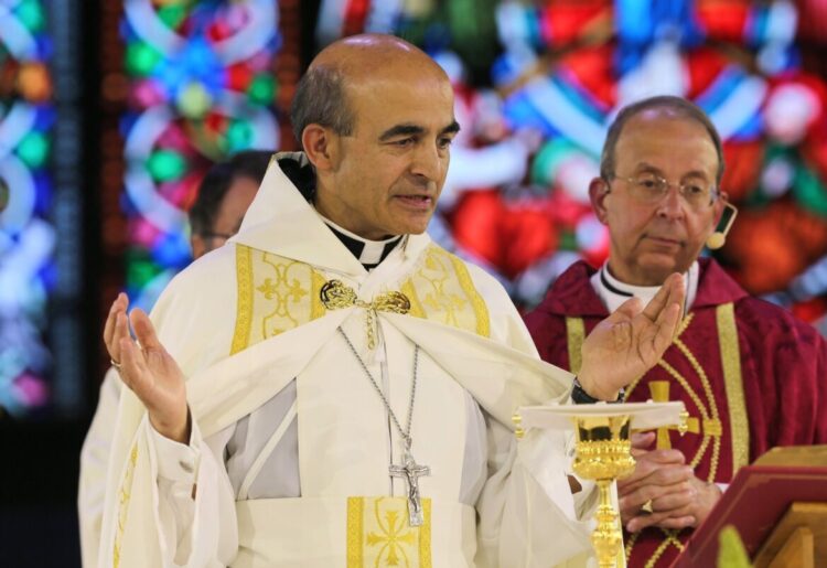 Bishop A. Elias Zaidan, Eparch of the Maronite Eparchy of Our Lady of Lebanon of Los Angeles, who was seen celebrating Mass with Baltimore Archbishop William E. Lori in a 2017 photo, currently serves as chairman of the U.S. Conference of Catholic Bishops’ Committee on International Justice and Peace. Credit: OSVNews